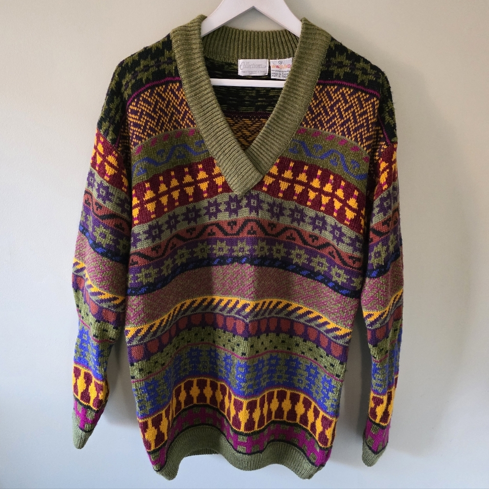 Collections L Vintage 90s Eclectic Grandpa Southwestern Aztec Knit Sweater